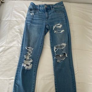 american eagle jeans with holes on front, size 0